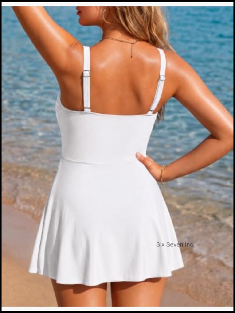 One Piece Swimsuit Tummy Control Swim Dress Square Neck - Removable Pads - Picture 4 of 7